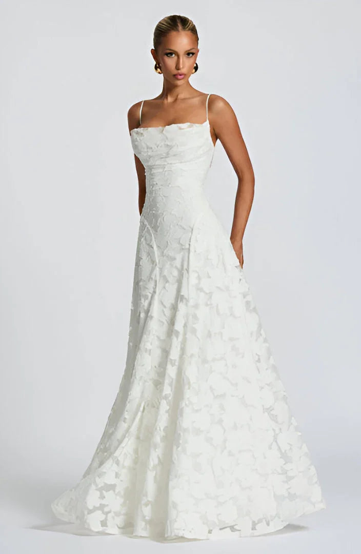 Ethereal Floral A-Line Maxi Wedding Guest Dress in White
