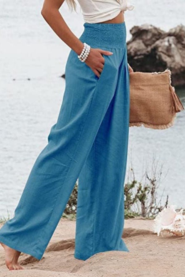 Faith Wide Linen Trousers with Smocked Waist Foto 7