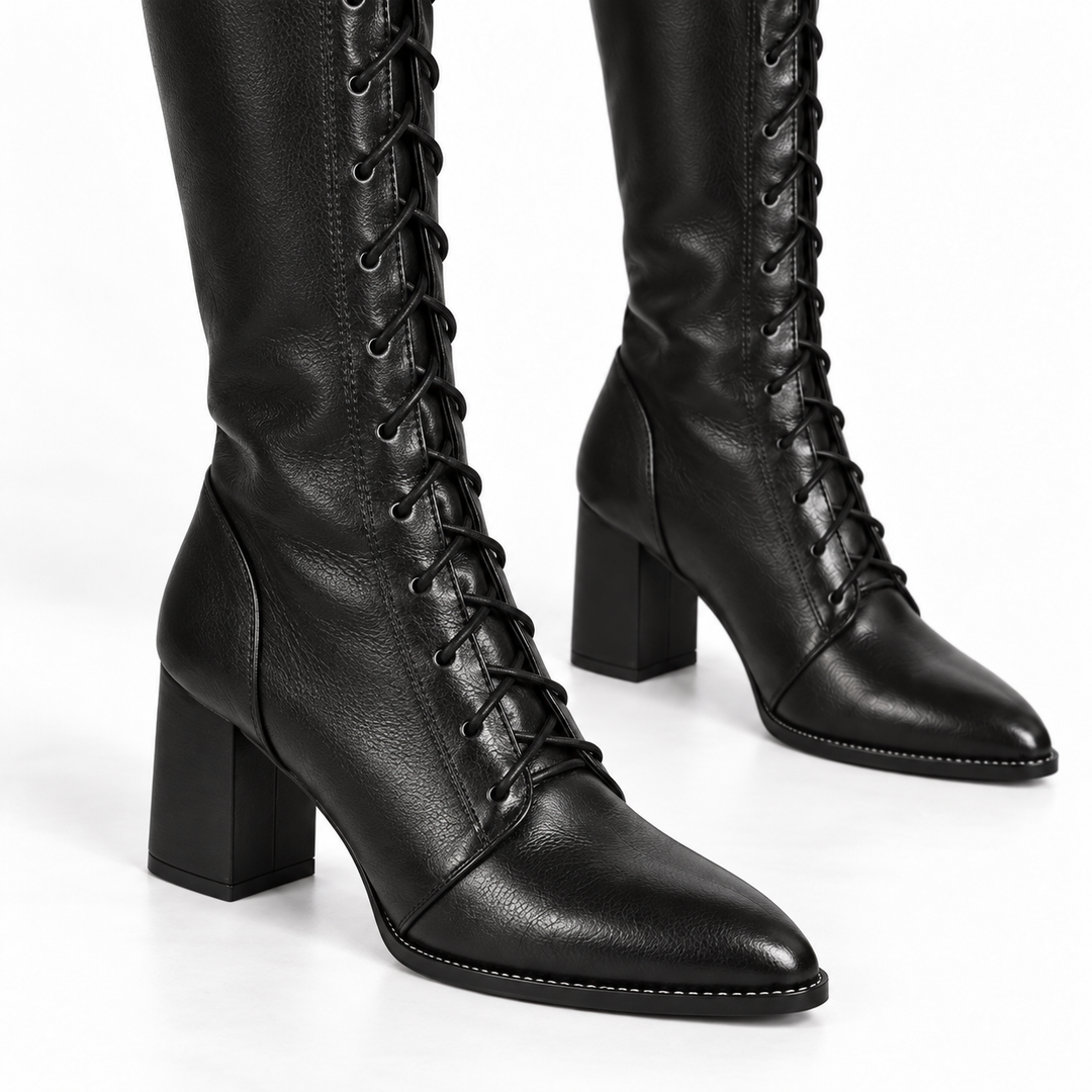Faux Leather Knee-High Boots Women's Lace-Up in Black 3