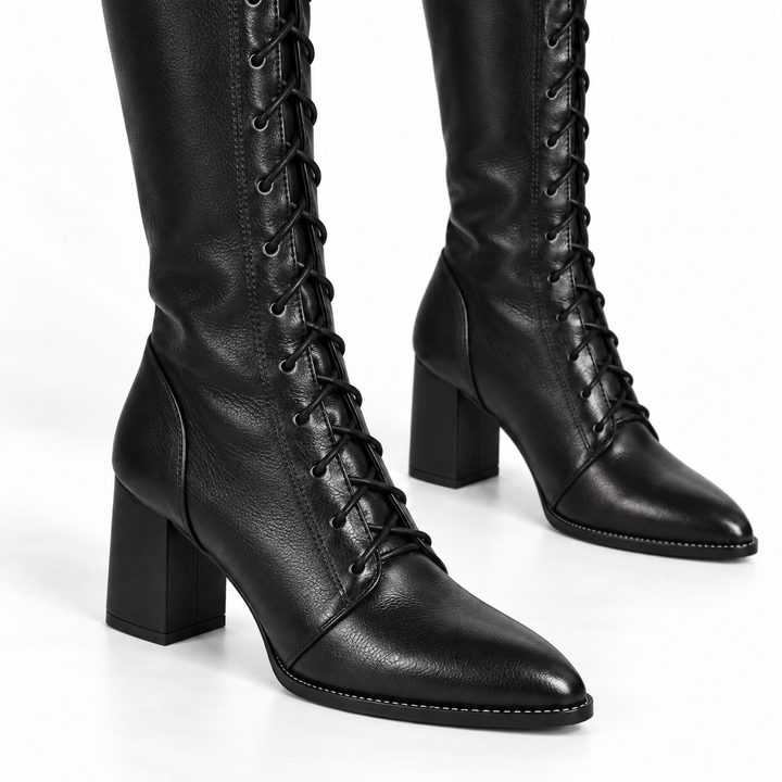 Faux Leather Knee-High Boots Women's Lace-Up in Black 3