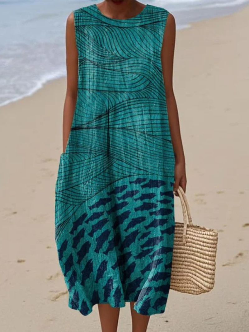 Fern Linen Beach Dress with Fish Print in Teal Foto 1