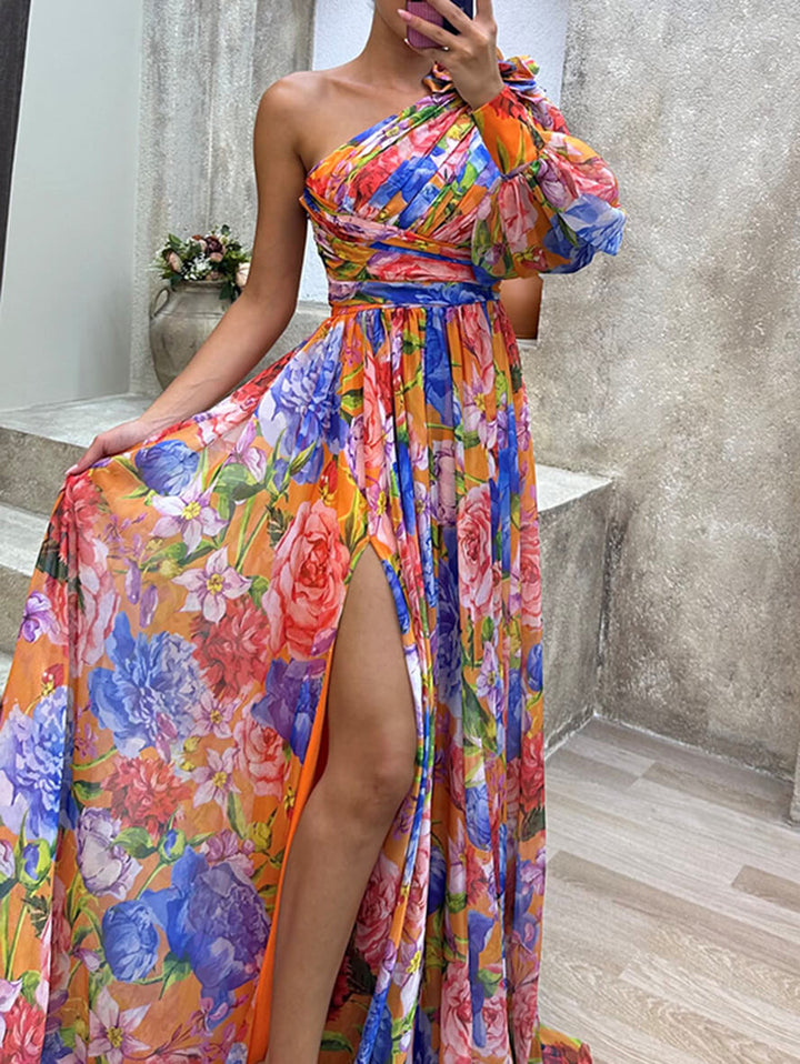 Floral One Shoulder Maxi Dress for Wedding Guests in Orange