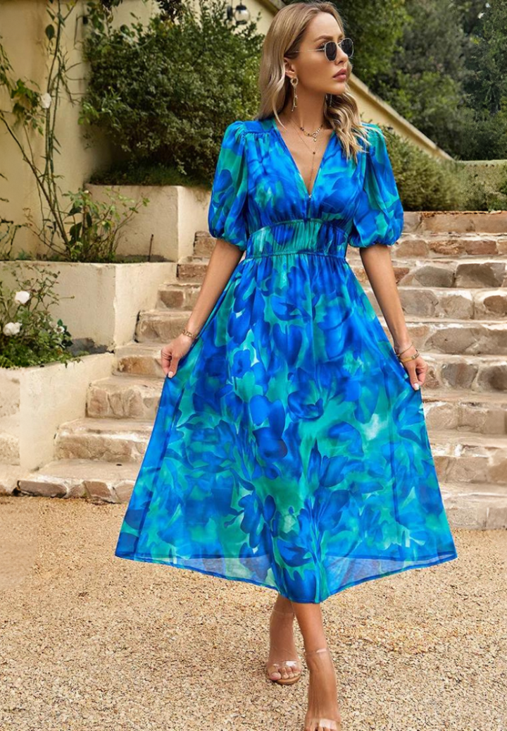 Flowing Boho Midi Wedding Guest Dress in Blue 1