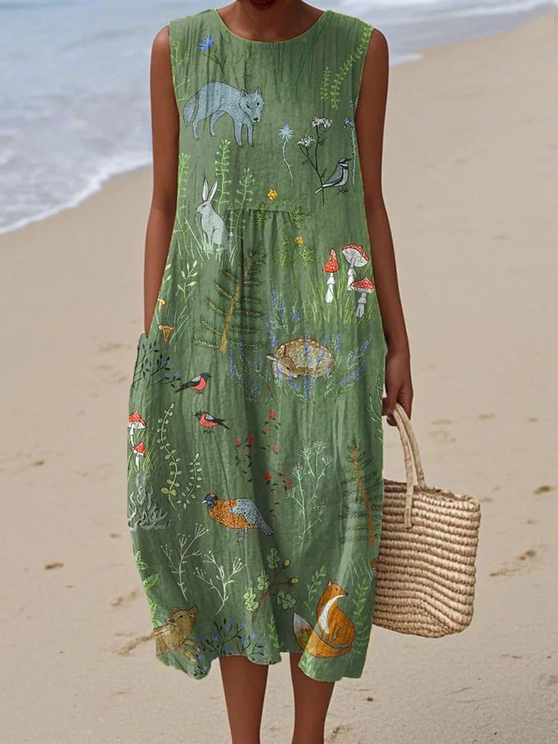 Ivy Green Linen Beach Dress with Fish Motif Foto 1