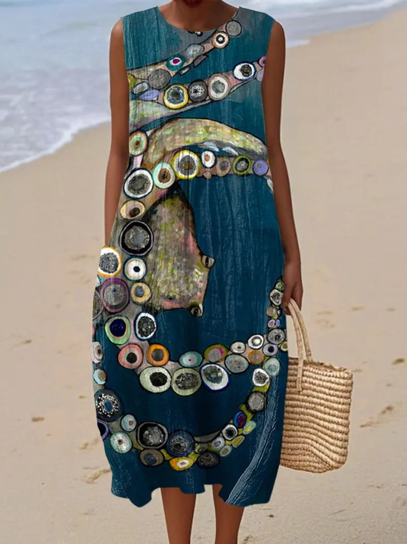 Jean Linen Beach Dress with Octopus Print in Teal Foto 1
