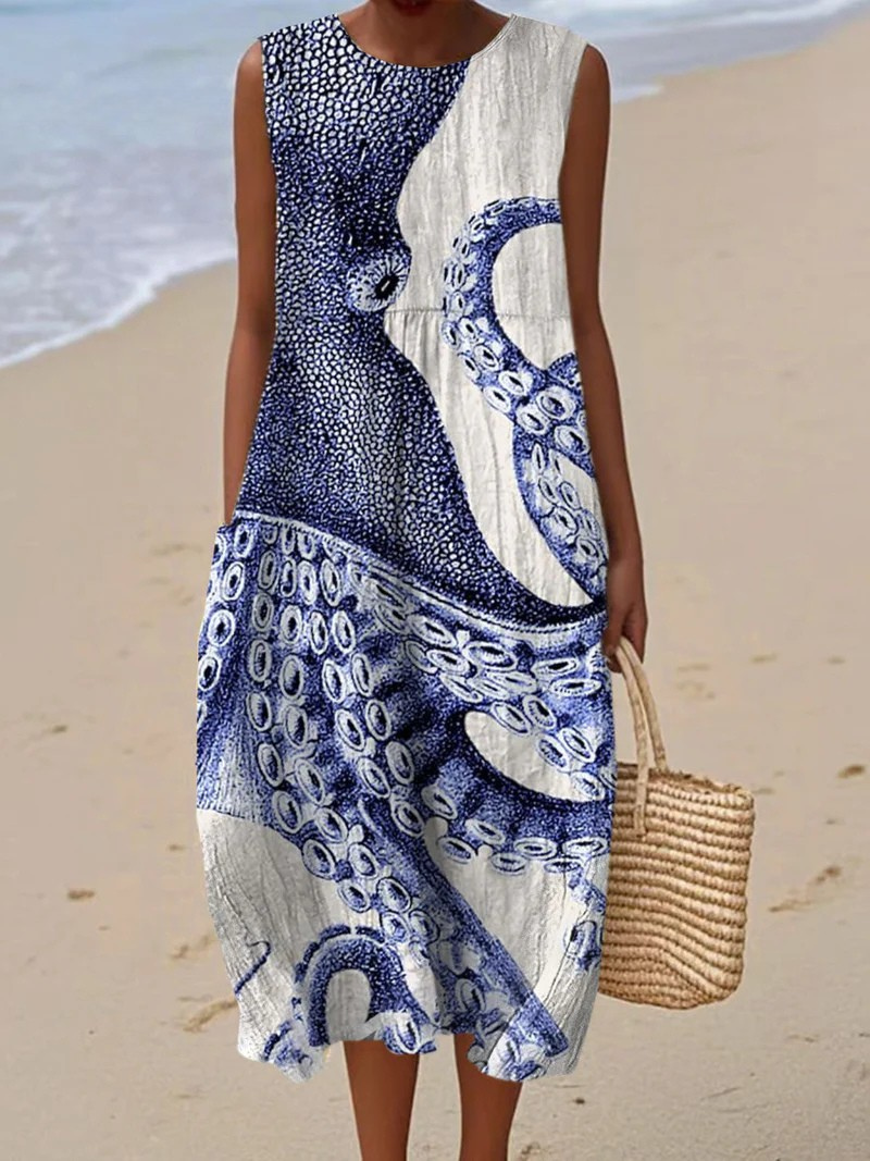 Kitty Blue and White Linen Beach Dress with Octopus Print Foto 1