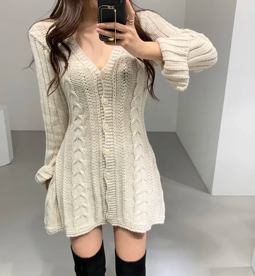 Knitted Dress for Women with Cable Pattern in Cream