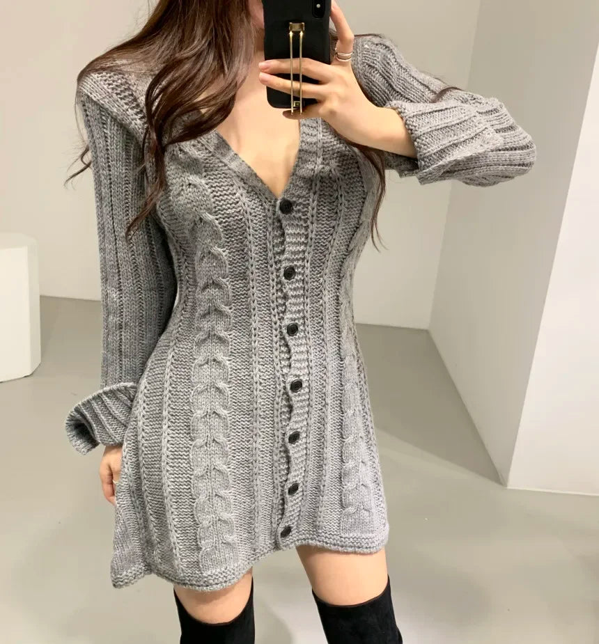 Knitted Dress for Women with Cable Pattern in Grey