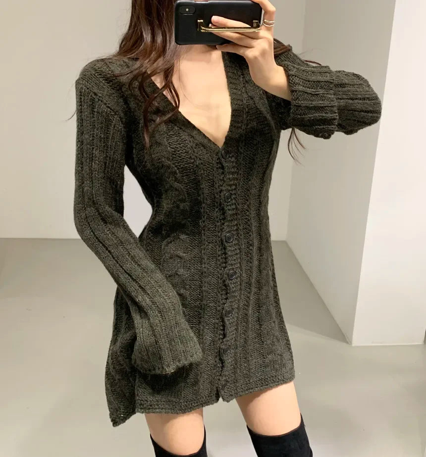 Knitted Dress for Women with Cable Pattern in Khaki