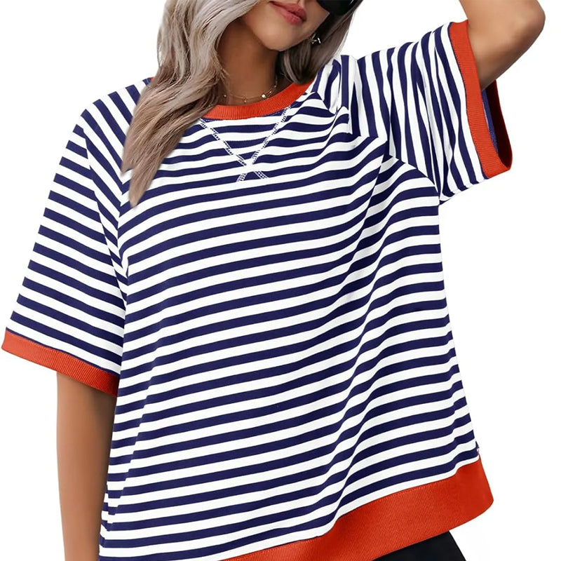 Lässiges Gestreiftes T-shirt Womens t-shirt in Blau + Rot