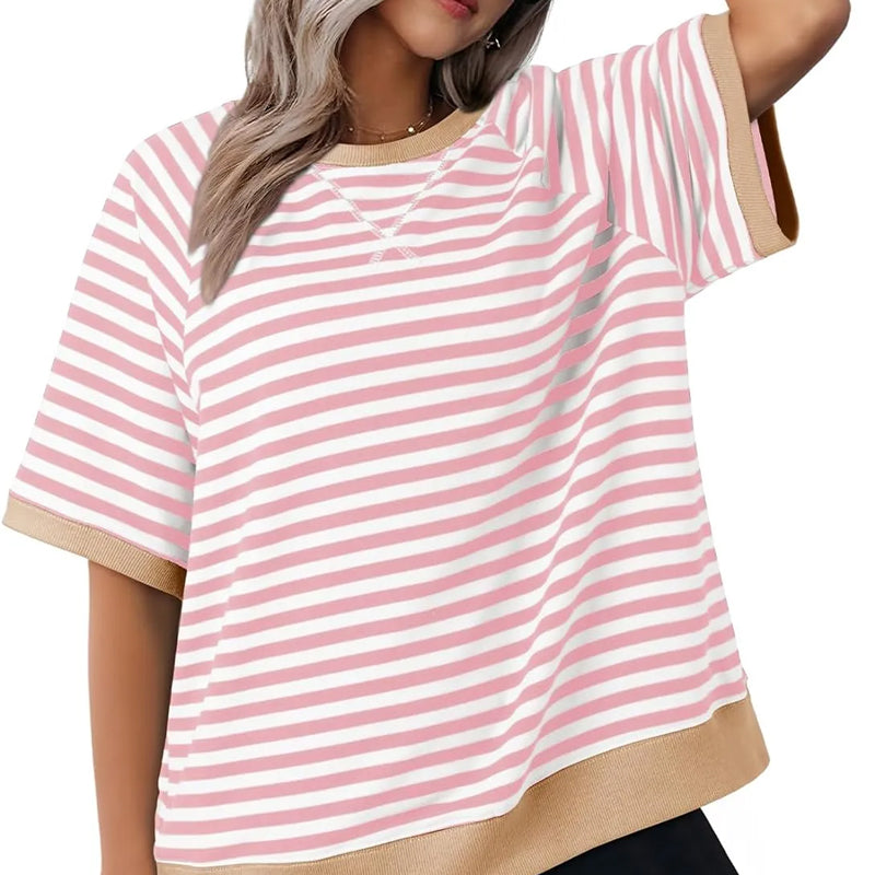 Lässiges Gestreiftes T-shirt Womens t-shirt in Rosa + Braun