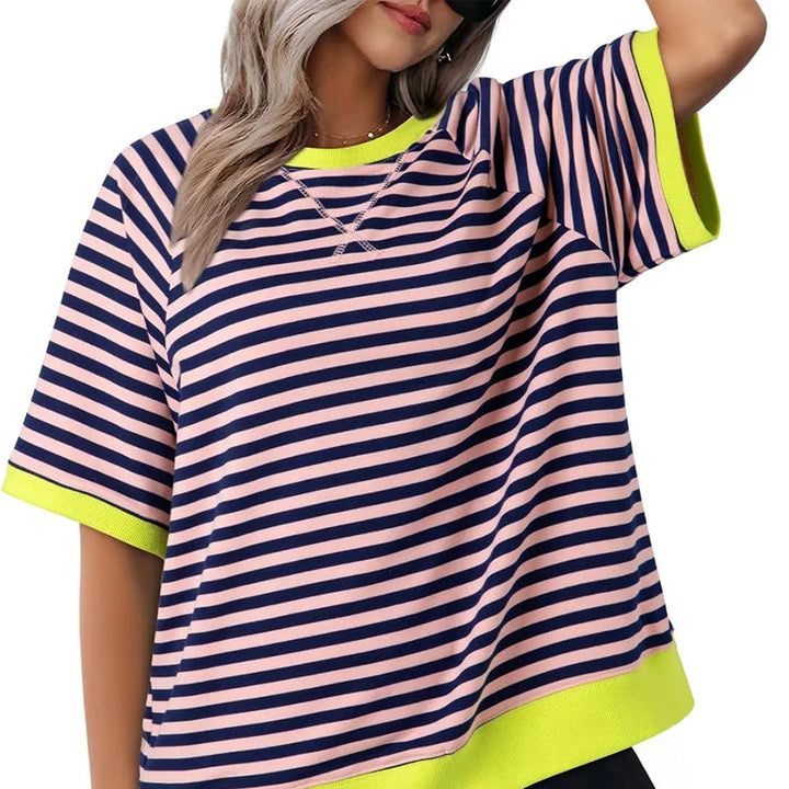 Lässiges Gestreiftes T-shirt Womens t-shirt in Rosa + Gelb