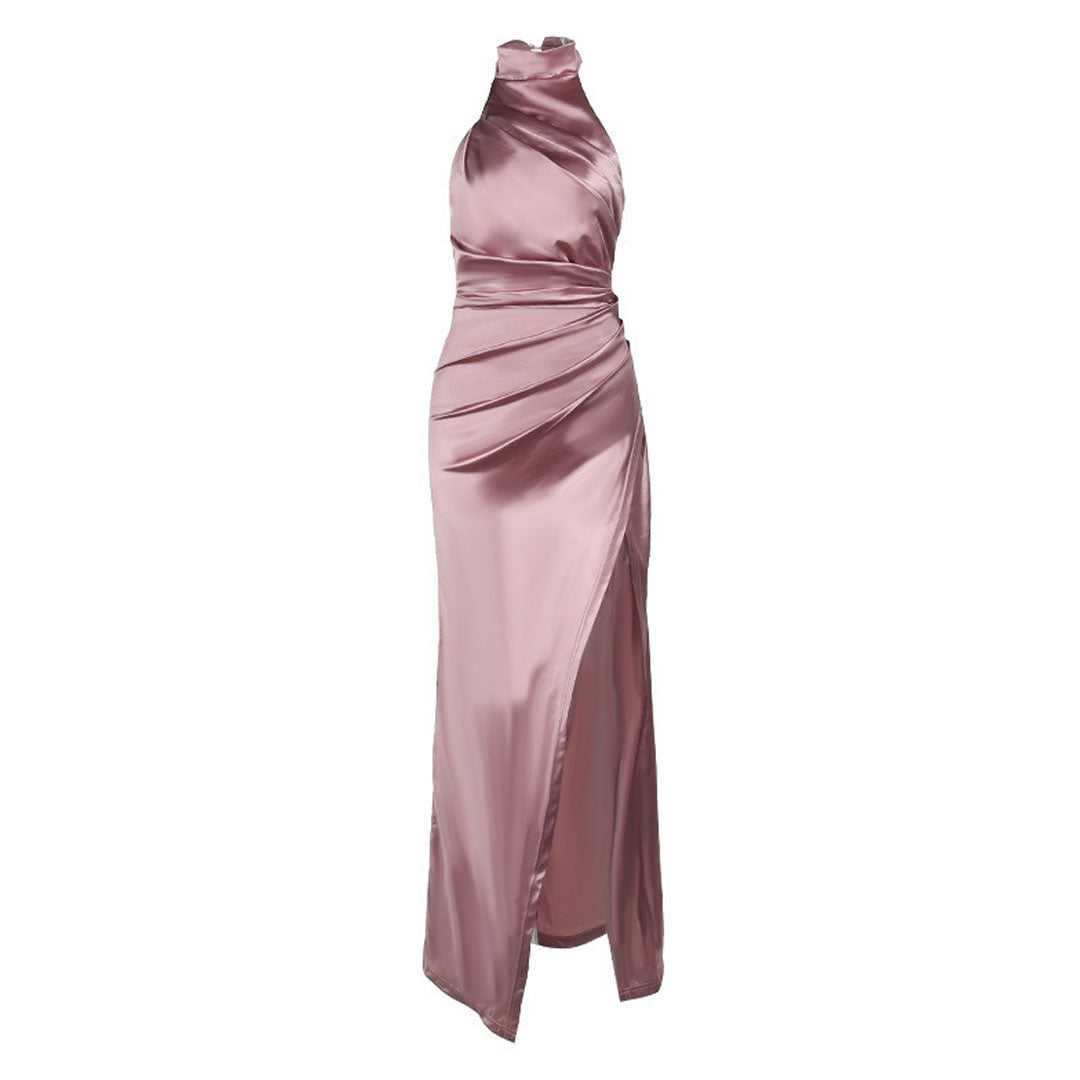 Lauren Satin Evening Dress with Ruching and High Slit Foto 2