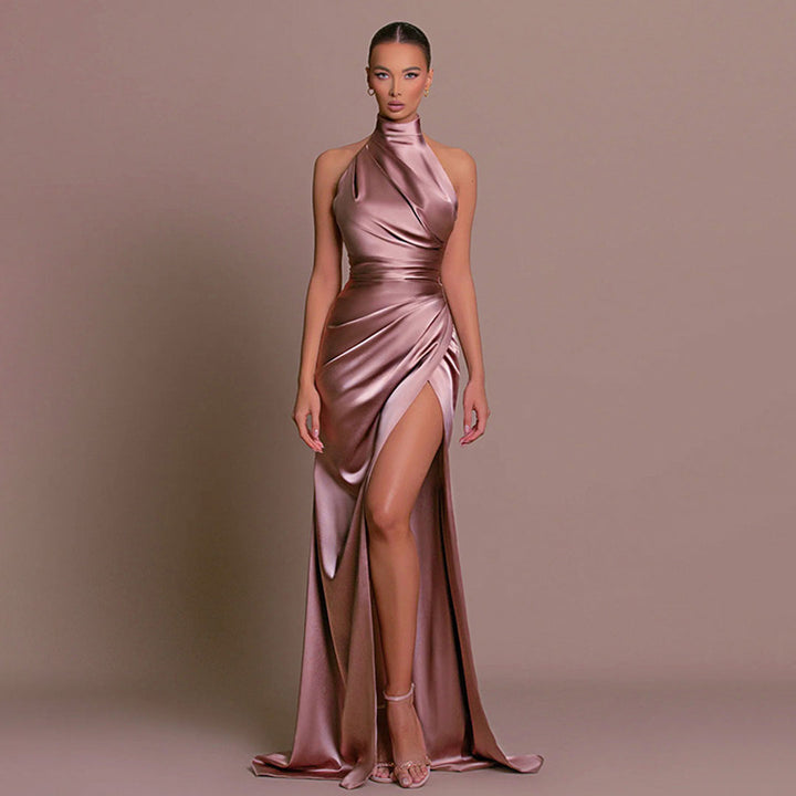 Lauren Satin Evening Dress with Ruching and High Slit Foto 3