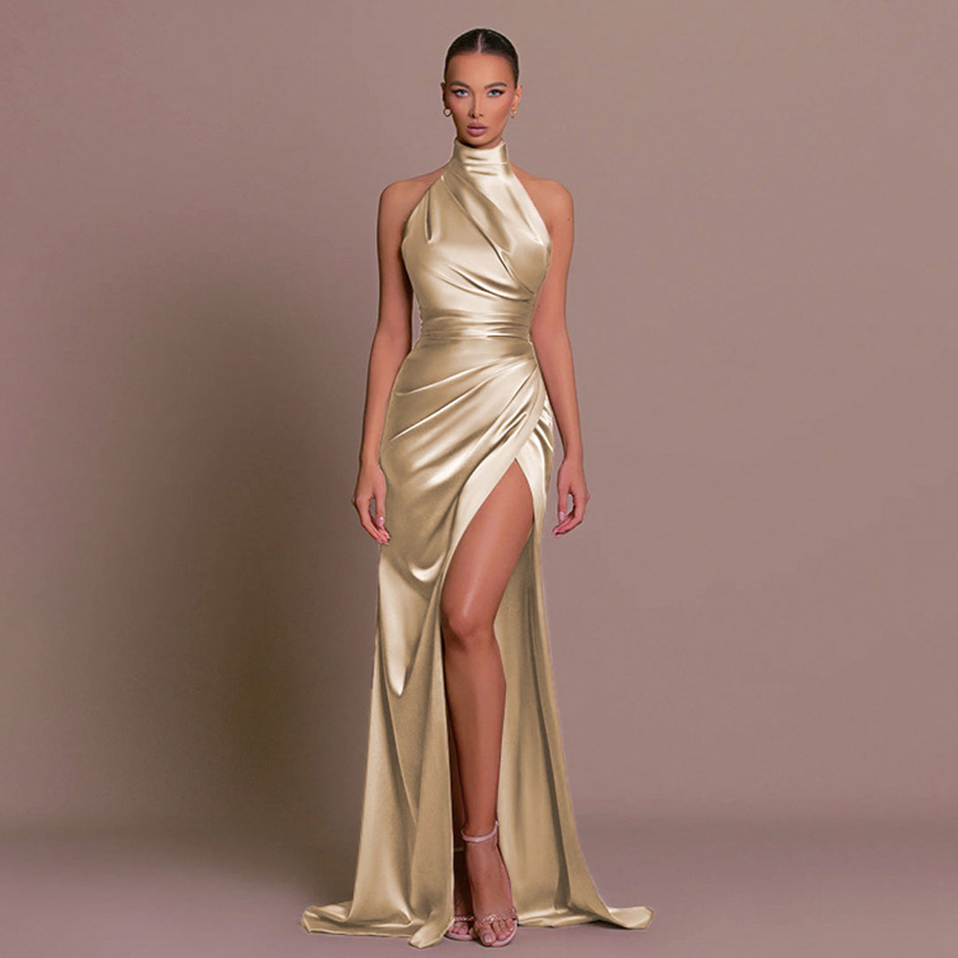 Lauren Satin Evening Dress with Ruching and High Slit Foto 4