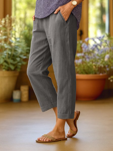 Leah Straight Linen Trousers with Turn-Up Hem Foto 2