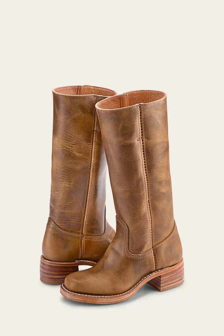 Leather-Look Block-Heel Knee-High Boots for Women in Khaki