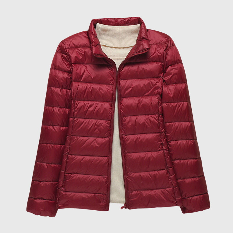 Lightweight Women's Waterproof Jacket, Quilted in Burgundy Stand-up collar