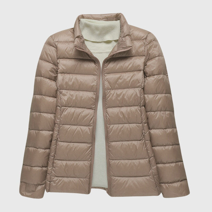 Lightweight Women's Waterproof Jacket, Quilted in Khaki Stand-up collar