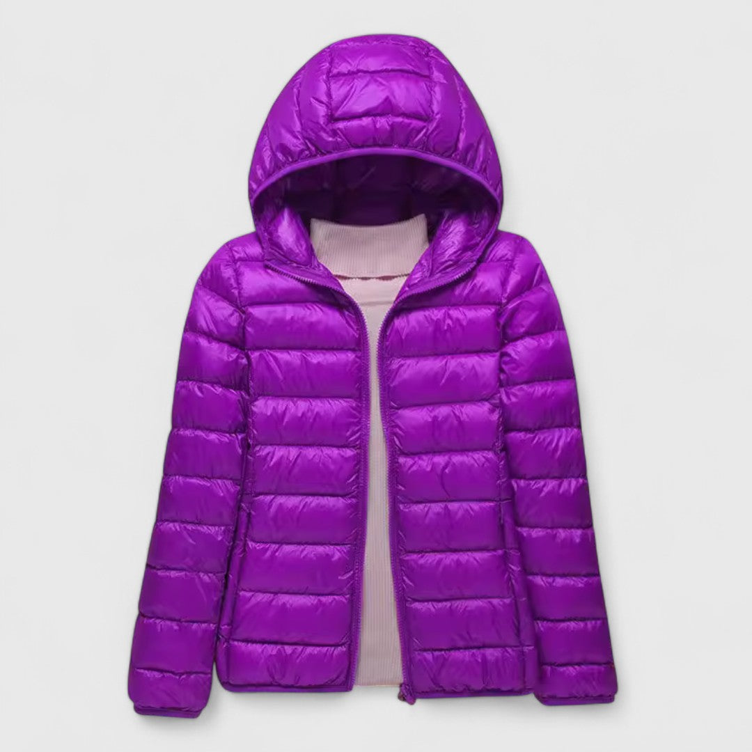 Lightweight Women's Waterproof Jacket, Quilted in Purple Hood