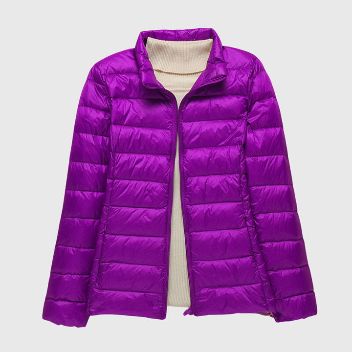 Lightweight Women's Waterproof Jacket, Quilted in Purple Stand-up Collar