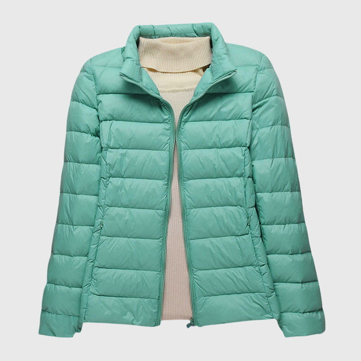 Lightweight Women's Waterproof Jacket, Quilted in Turquoise Stand-up collar
