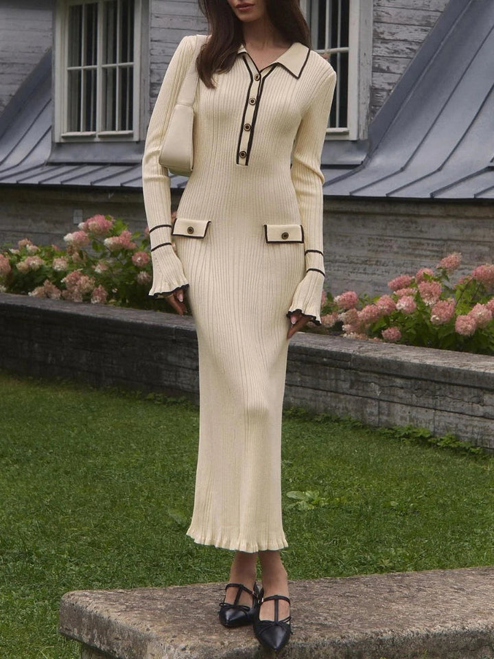 Long-sleeved knitted dress for women, retro maxi in Weiß-A