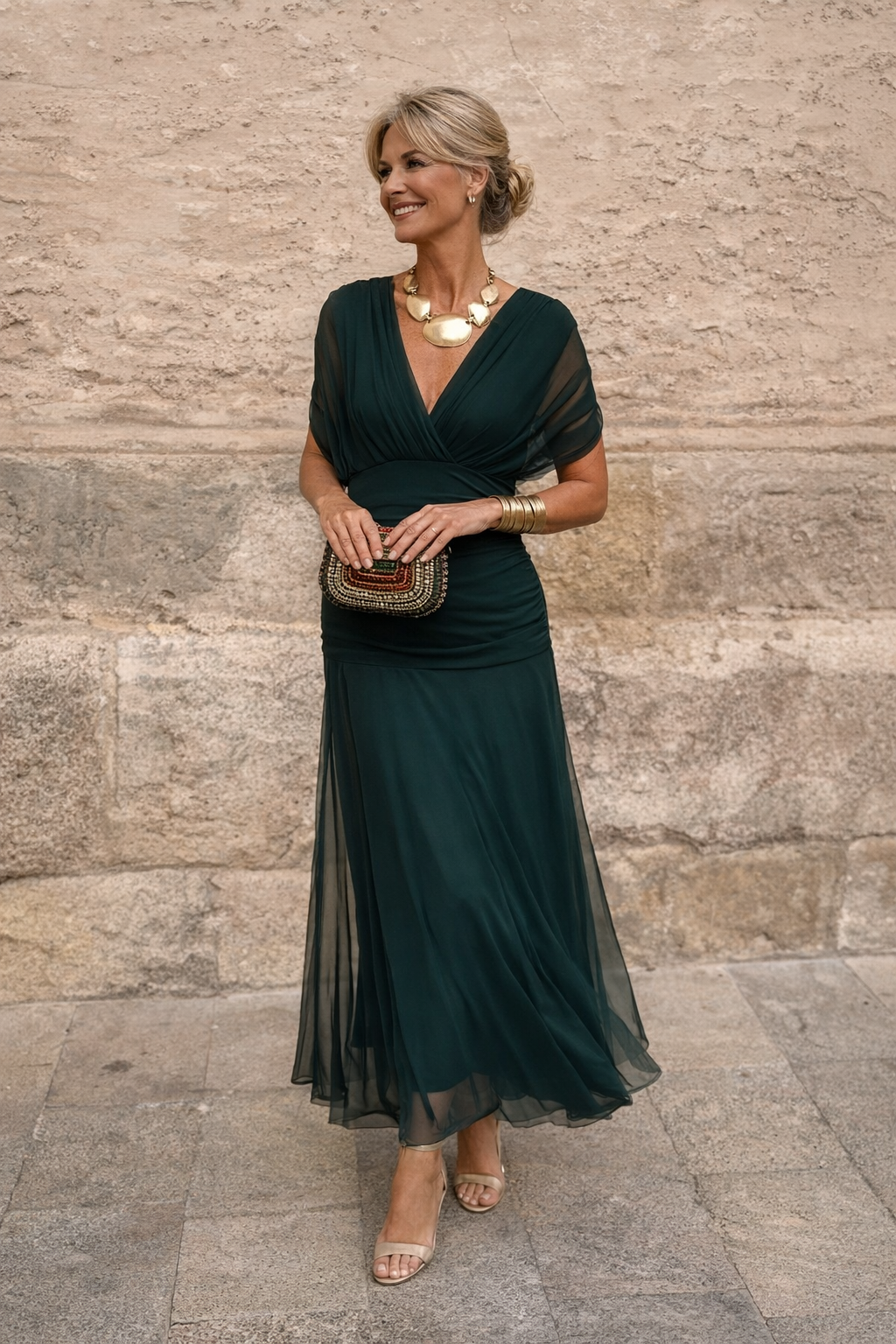 Maxikleid für Feste mit V-Ausschnitt Beach in Flaschengrün