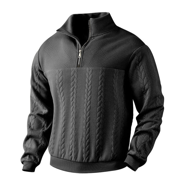 Men's Cable Knit Pullover with Quarter Zip in Black