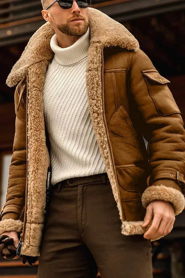 Men's Camel Faux-Fur Autumn Jacket in Brown