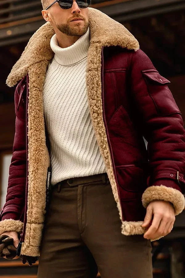 Men's Camel Faux-Fur Autumn Jacket in Red