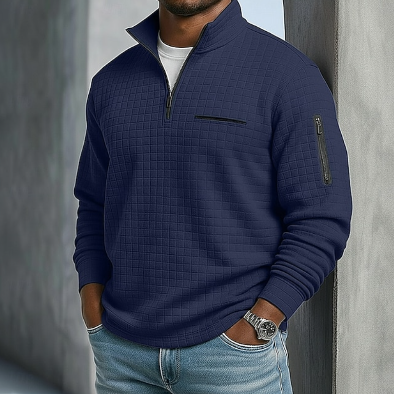 Men's Casual Long Sleeve Waffle Shirt in Navy Blue