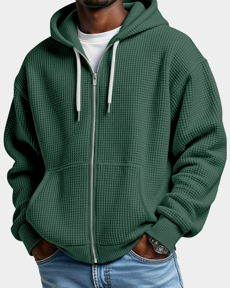 Men's Comfortable Waffle Knit Zip Hoodie in Armeegrün