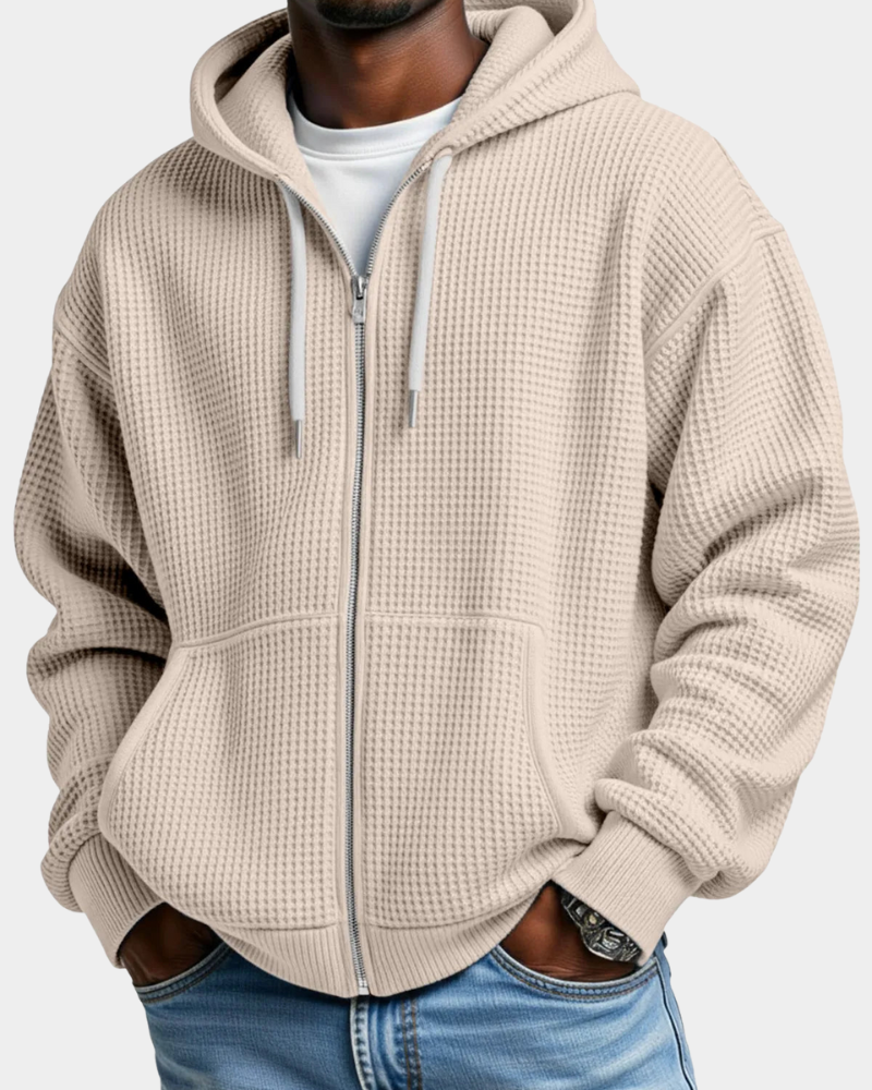 Men's Comfortable Waffle Knit Zip Hoodie in Beige