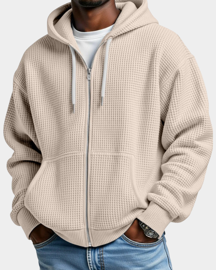 Men's Comfortable Waffle Knit Zip Hoodie in Beige