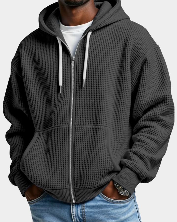 Men's Comfortable Waffle Knit Zip Hoodie in Black