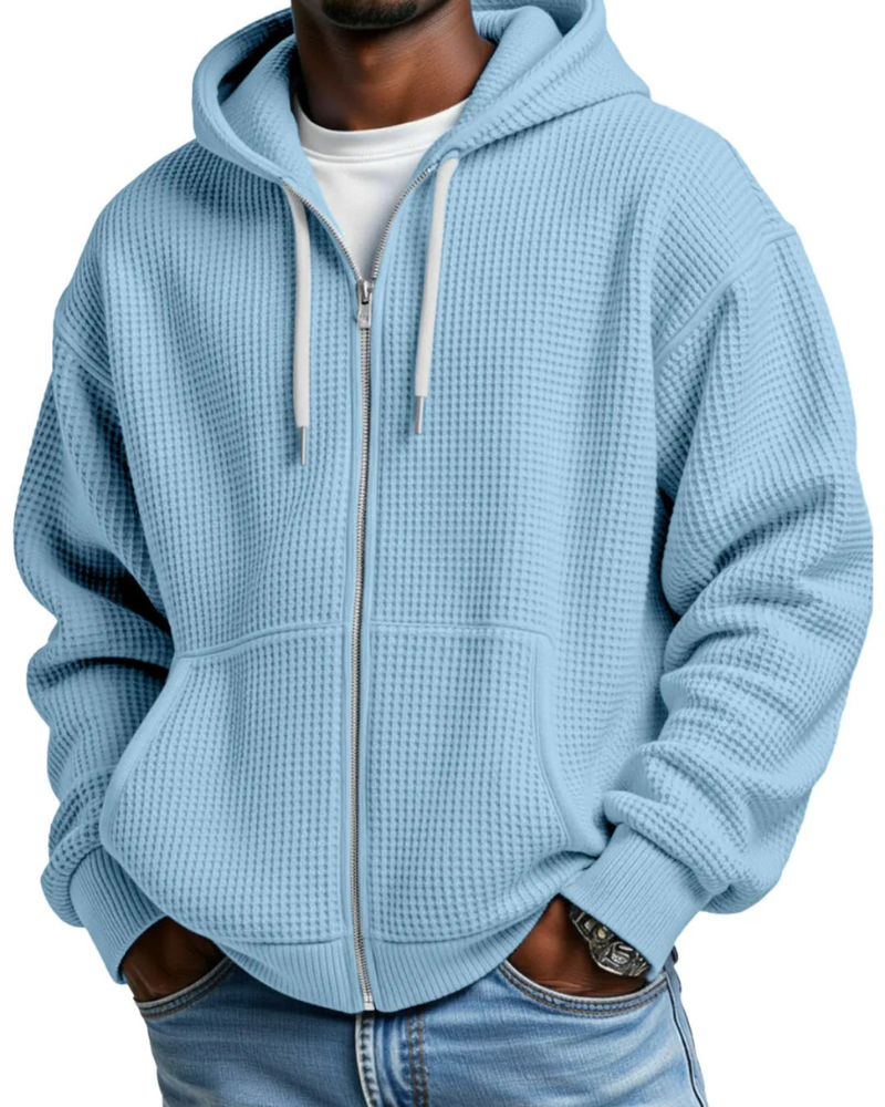 Men's Comfortable Waffle Knit Zip Hoodie in Blue