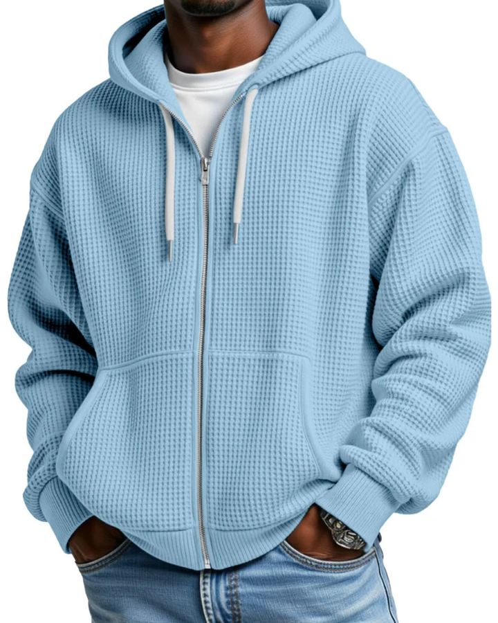 Men's Comfortable Waffle Knit Zip Hoodie in Blue