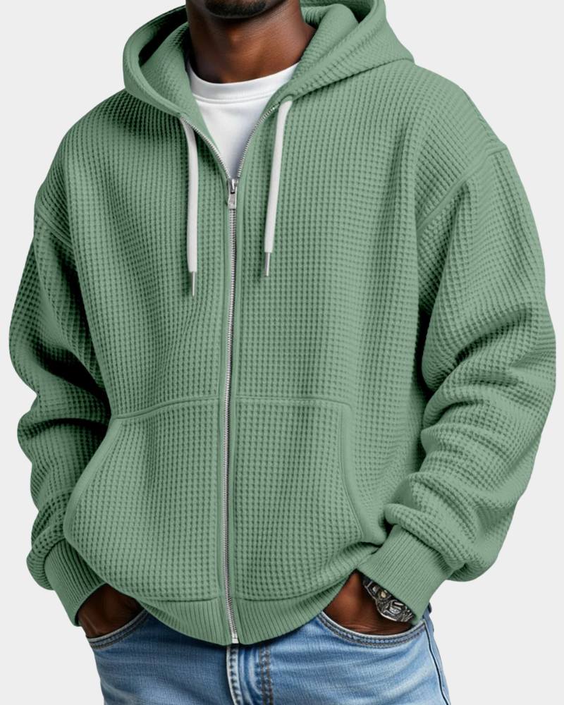 Men's Comfortable Waffle Knit Zip Hoodie in Green