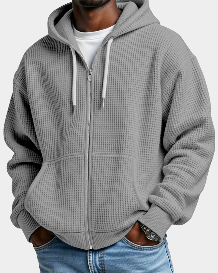 Men's Comfortable Waffle Knit Zip Hoodie in Grey