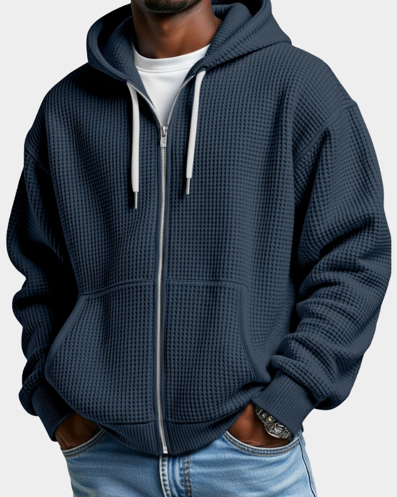Men's Comfortable Waffle Knit Zip Hoodie in Navy
