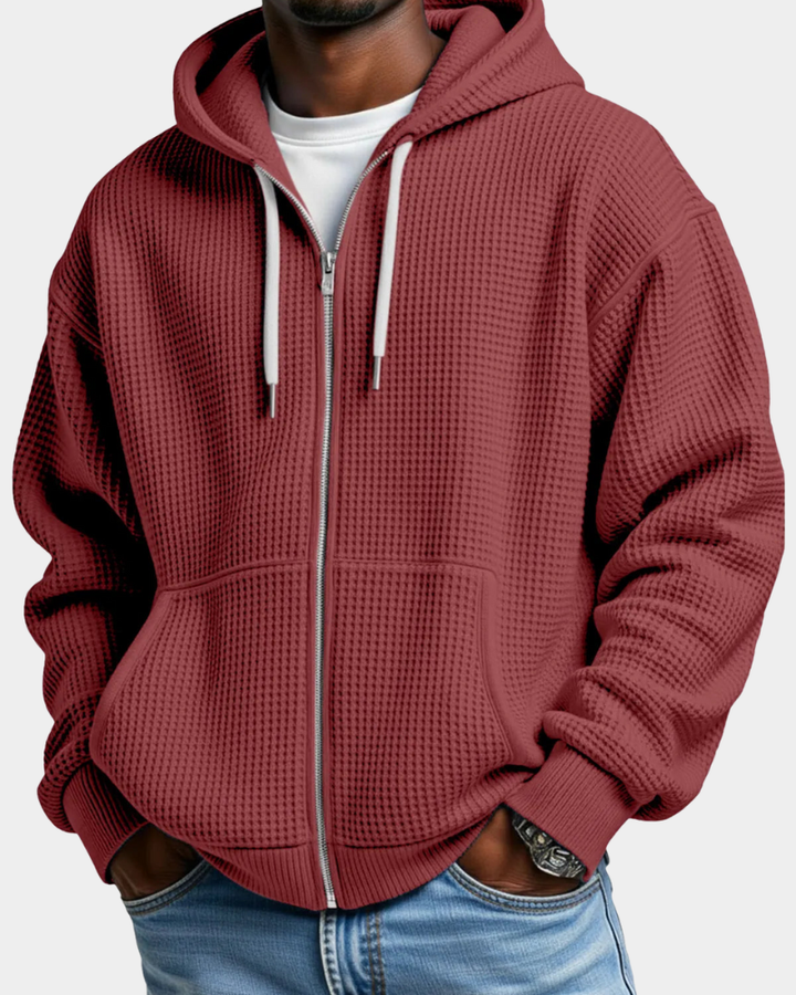 Men's Comfortable Waffle Knit Zip Hoodie in Red