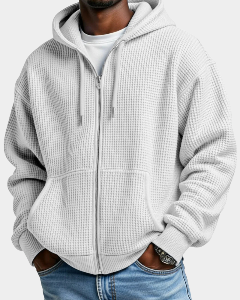 Men's Comfortable Waffle Knit Zip Hoodie in White