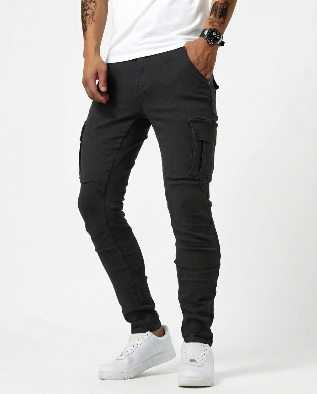Men's Elastic Slim Fit Cargo Trousers in Black