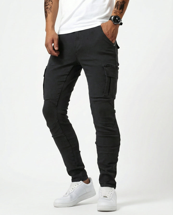 Men's Elastic Slim Fit Cargo Trousers in Black