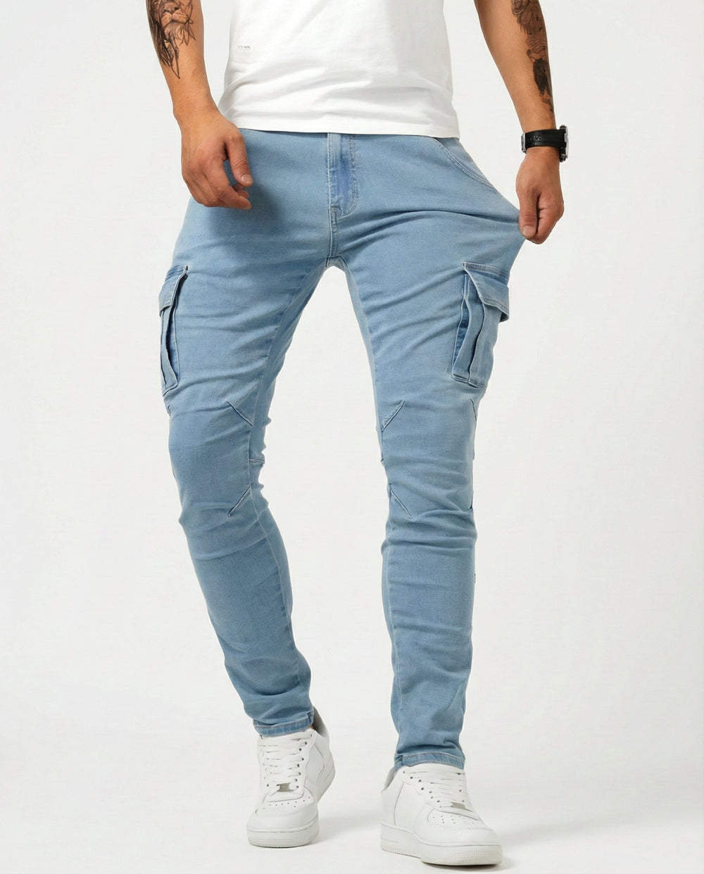 Men's Elastic Slim Fit Cargo Trousers in Blue