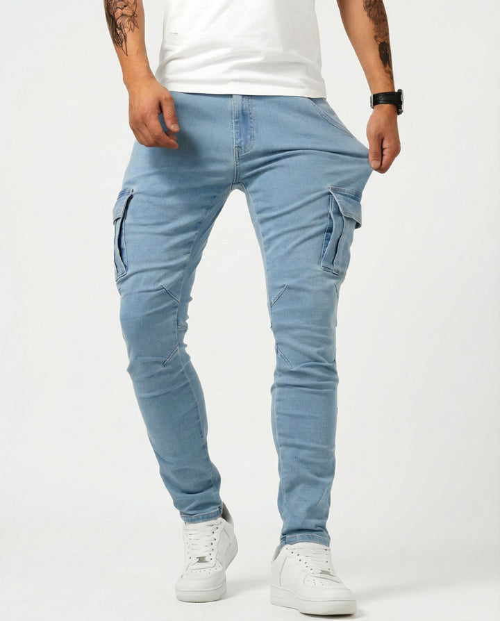 Men's Elastic Slim Fit Cargo Trousers in Blue
