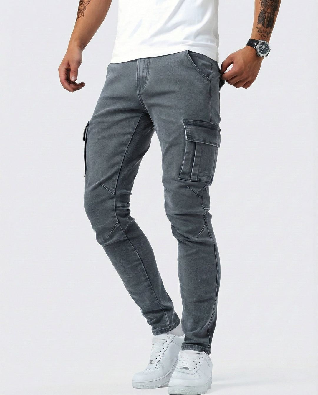 Men's Elastic Slim Fit Cargo Trousers in Grey