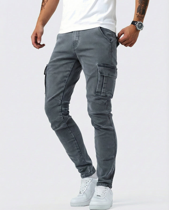 Men's Elastic Slim Fit Cargo Trousers in Grey