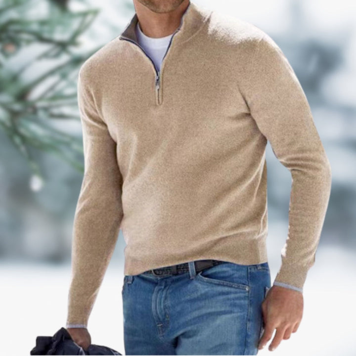Men's Fine Knit Pullover with Quarter-Zip in Aprikose